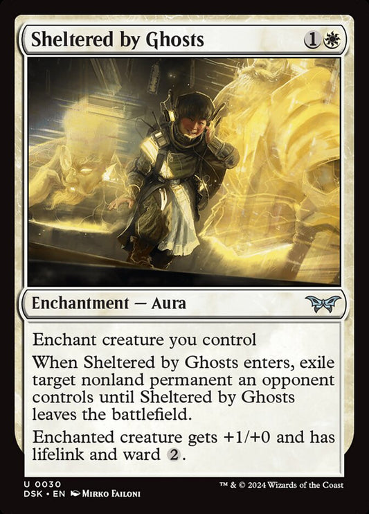 This Is An Image Of The Magic The Gathering Card Sheltered by Ghosts From The Set Duskmourn: House of Horror - Designed By Artist Mirko Failoni
