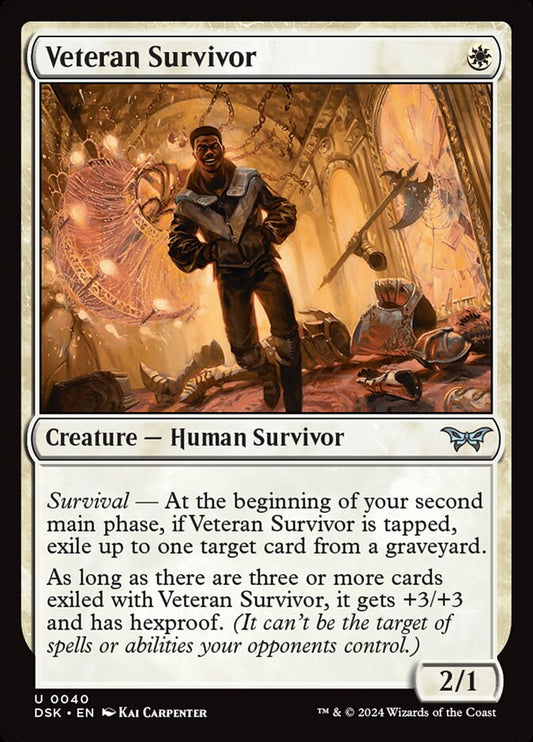This Is An Image Of The Magic The Gathering Card Veteran Survivor From The Set Duskmourn: House of Horror - Designed By Artist Kai Carpenter