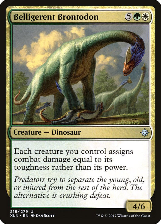 This Is An Image Of The Magic The Gathering Card Belligerent Brontodon From The Set Ixalan - Designed By Artist Dan Murayama Scott