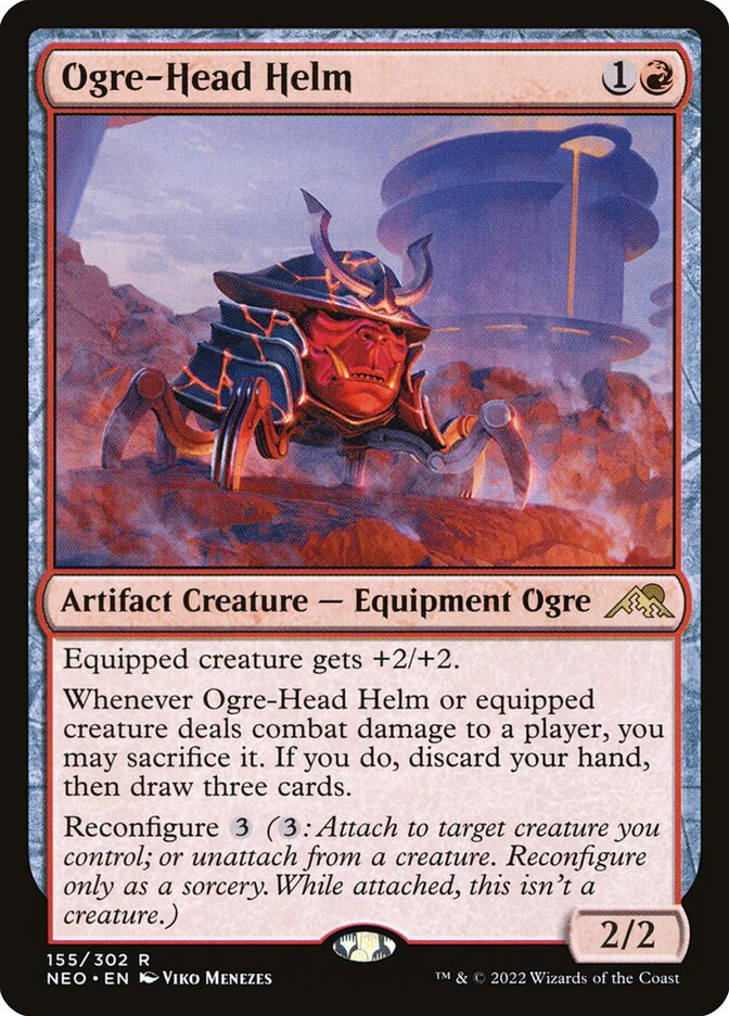 This Is An Image Of The Magic The Gathering Card Ogre-Head Helm From The Set Kamigawa: Neon Dynasty - Designed By Artist Viko Menezes