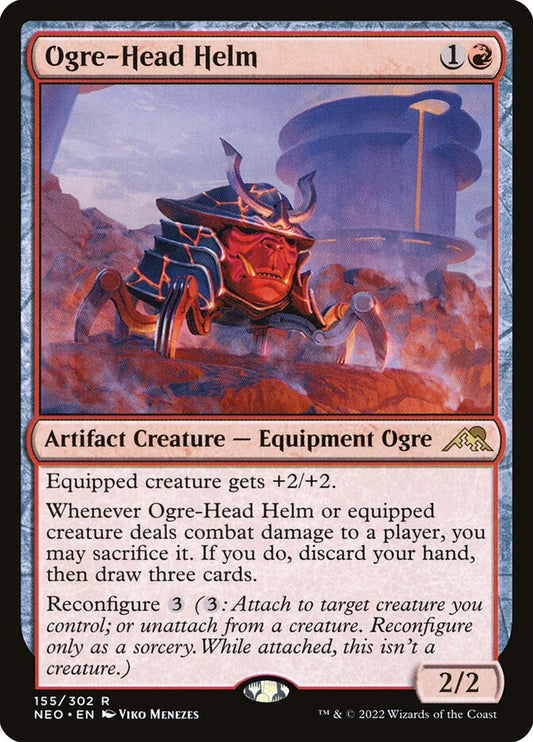 This Is An Image Of The Magic The Gathering Card Ogre-Head Helm From The Set Kamigawa: Neon Dynasty - Designed By Artist Viko Menezes