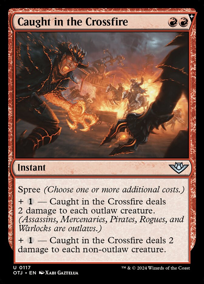 This Is An Image Of The Magic The Gathering Card Caught in the Crossfire From The Set Outlaws of Thunder Junction - Designed By Artist Xabi Gaztelua