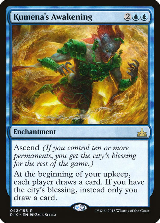 This Is An Image Of The Magic The Gathering Card Kumena's Awakening From The Set Rivals of Ixalan - Designed By Artist Zack Stella