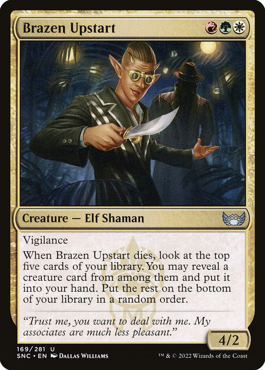 This Is An Image Of The Magic The Gathering Card Brazen Upstart From The Set Streets of New Capenna - Designed By Artist Dallas Williams