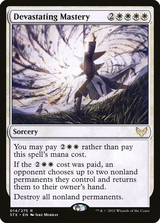 This Is An Image Of The Magic The Gathering Card Devastating Mastery From The Set Strixhaven: School of Mages - Designed By Artist Jake Murray
