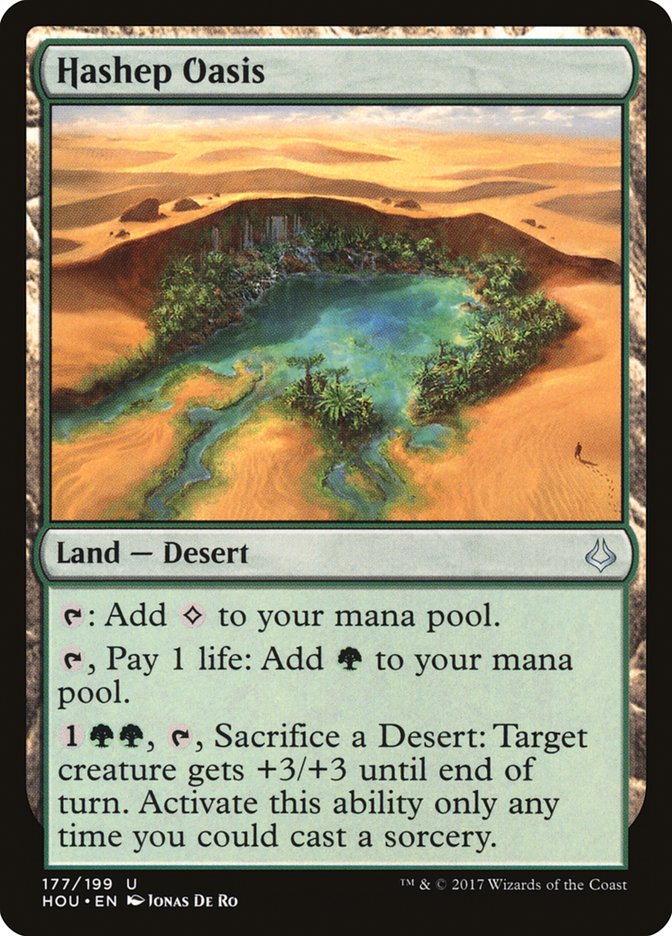 This Is An Image Of The Magic The Gathering Card Hashep Oasis From The Set Outlaws of Thunder Junction Commander - Designed By Artist Jonas De Ro