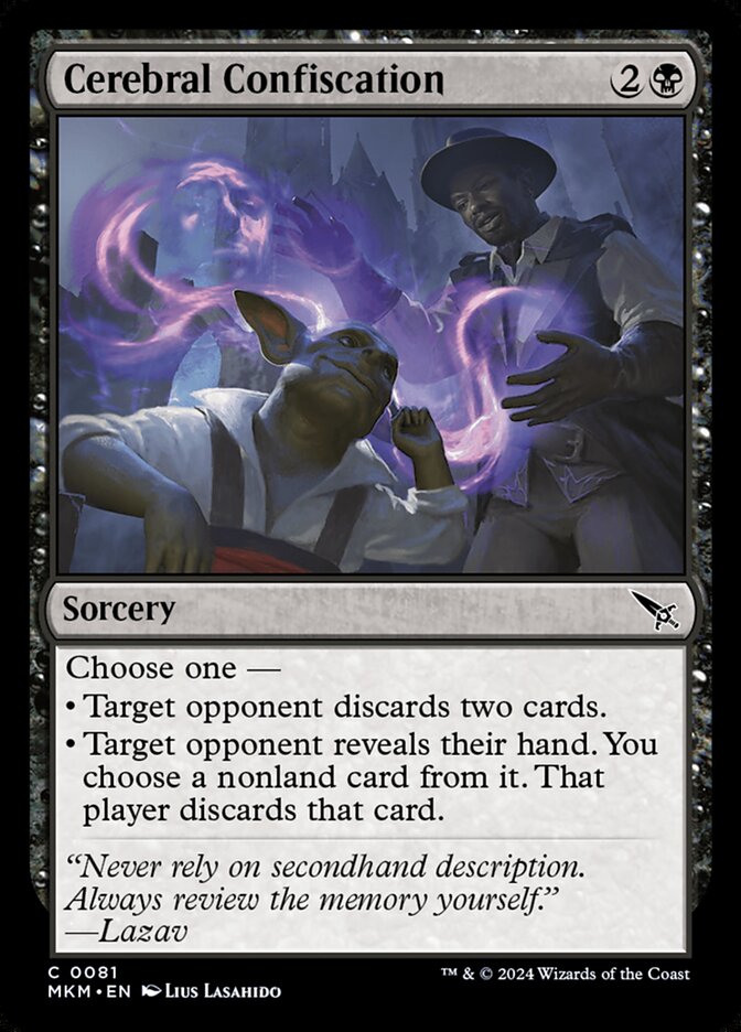This Is An Image Of The Magic The Gathering Card Cerebral Confiscation From The Set Murders at Karlov Manor - Designed By Artist Lius Lasahido