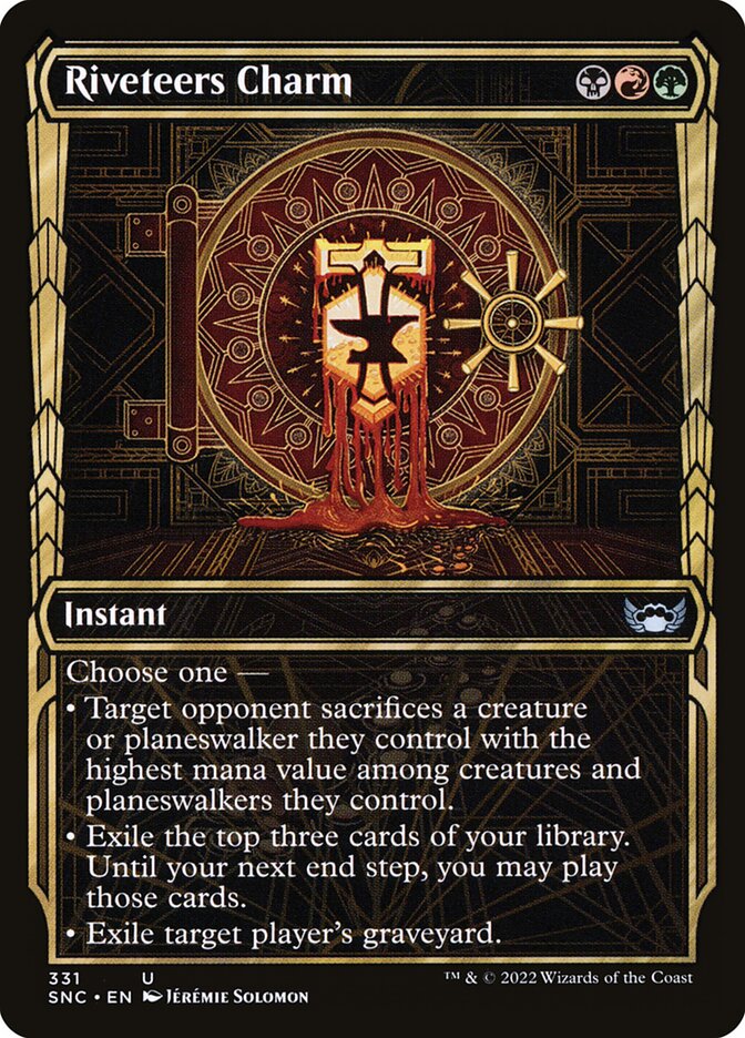 This Is An Image Of The Magic The Gathering Card Riveteers Charm From The Set Streets of New Capenna - Designed By Artist Steve Argyle