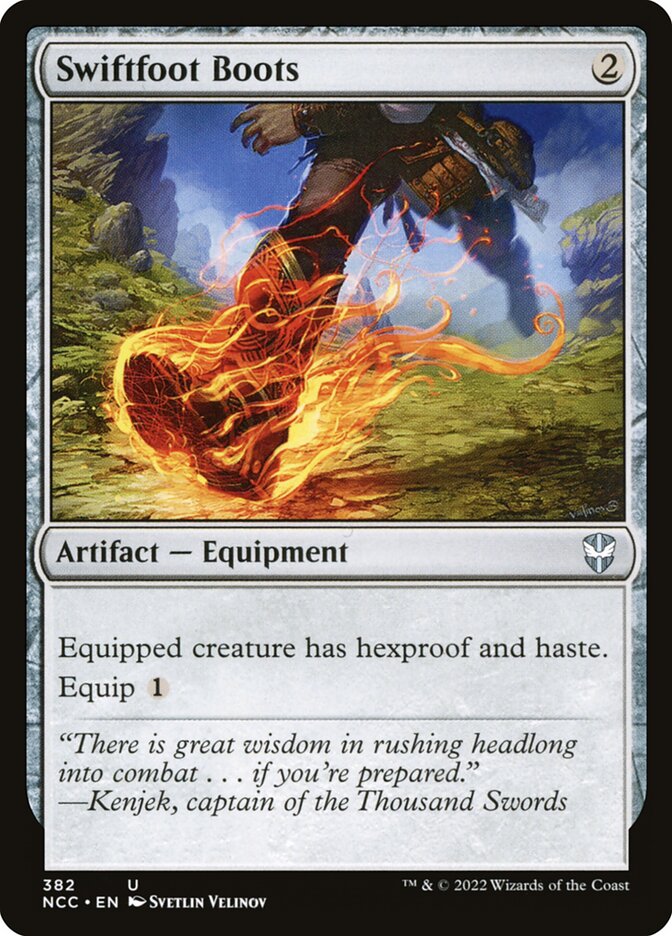 This Is An Image Of The Magic The Gathering Card Swiftfoot Boots From The Set Tarkir: Dragonstorm Commander - Designed By Artist Svetlin Velinov