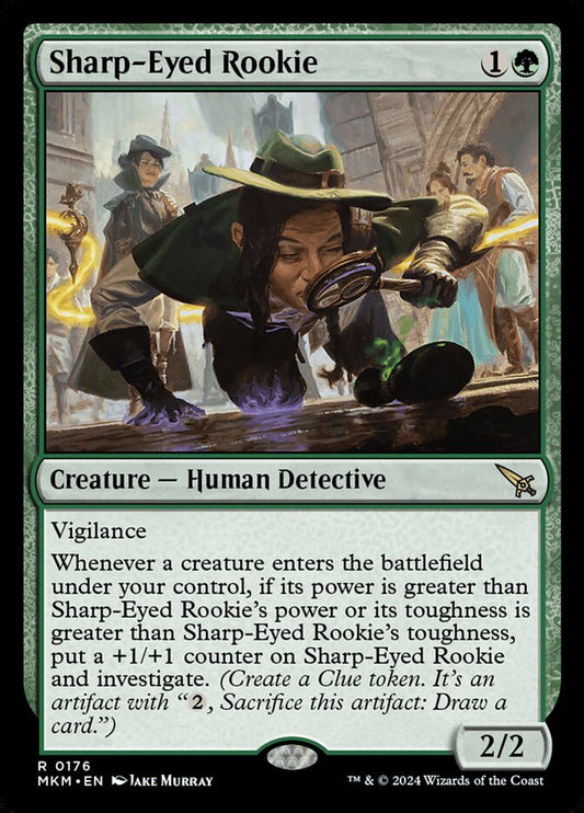 This Is An Image Of The Magic The Gathering Card Sharp-Eyed Rookie From The Set Murders at Karlov Manor - Designed By Artist Jake Murray