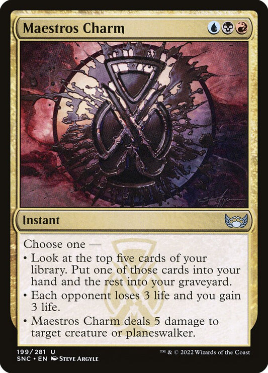This Is An Image Of The Magic The Gathering Card Maestros Charm From The Set Streets of New Capenna - Designed By Artist Steve Argyle