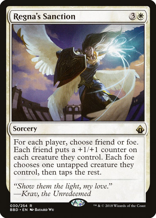 This Is An Image Of The Magic The Gathering Card Regna's Sanction From The Set Battlebond - Designed By Artist Bayard Wu