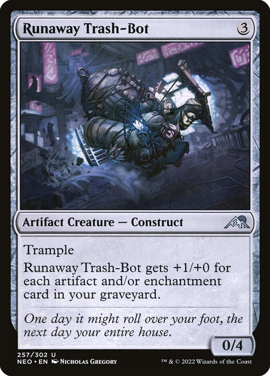 This Is An Image Of The Magic The Gathering Card Runaway Trash-Bot From The Set Kamigawa: Neon Dynasty - Designed By Artist Nicholas Gregory