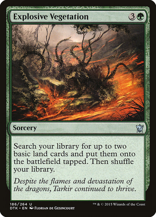 This Is An Image Of The Magic The Gathering Card Explosive Vegetation From The Set Duskmourn: House of Horror Commander - Designed By Artist John Avon