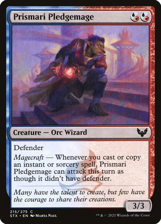 This Is An Image Of The Magic The Gathering Card Prismari Pledgemage From The Set Strixhaven: School of Mages - Designed By Artist Marta Nael