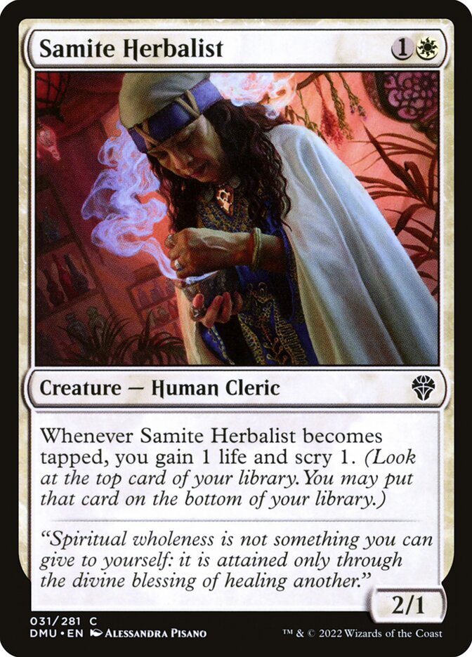 This Is An Image Of The Magic The Gathering Card Samite Herbalist From The Set Dominaria United - Designed By Artist Alessandra Pisano