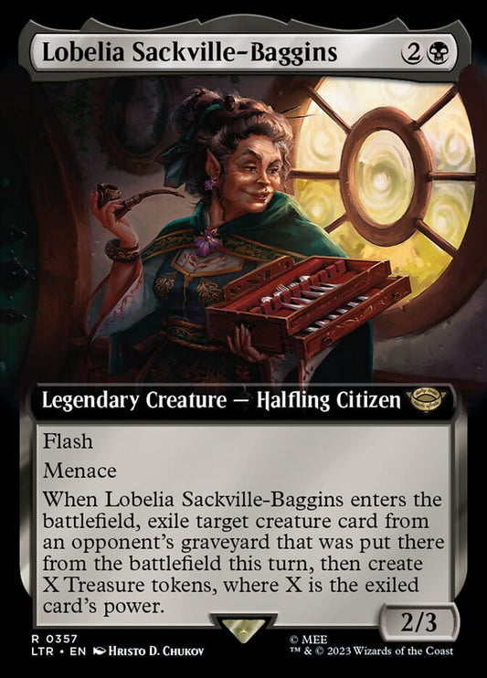 This Is An Image Of The Magic The Gathering Card Lobelia Sackville-Baggins From The Set The Lord of the Rings: Tales of Middle-earth - Designed By Artist Hristo D. Chukov