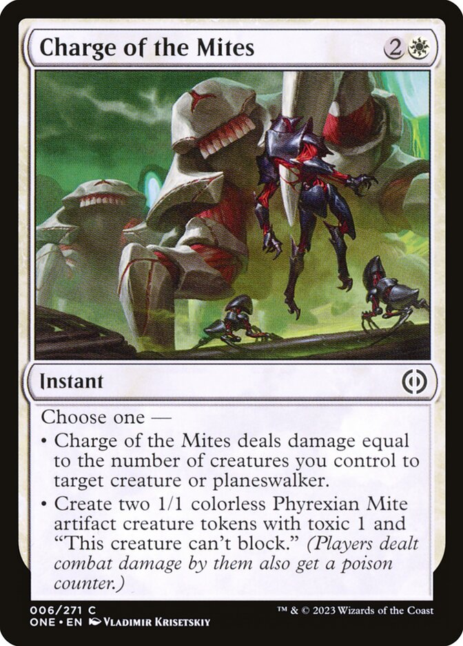 This Is An Image Of The Magic The Gathering Card Charge of the Mites From The Set Phyrexia: All Will Be One - Designed By Artist Vladimir Krisetskiy