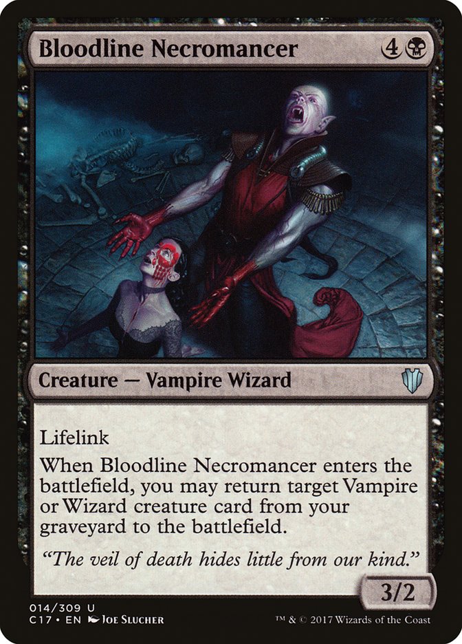 This Is An Image Of The Magic The Gathering Card Bloodline Necromancer From The Set The Lost Caverns of Ixalan Commander - Designed By Artist J.P. Targete