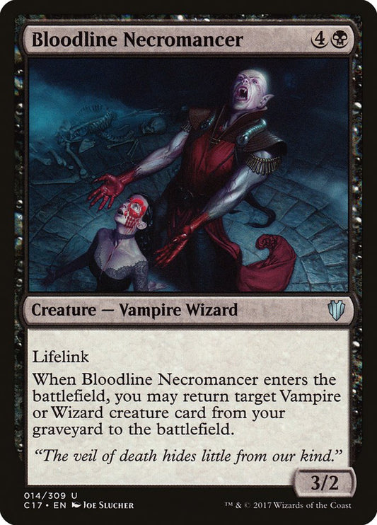 This Is An Image Of The Magic The Gathering Card Bloodline Necromancer From The Set The Lost Caverns of Ixalan Commander - Designed By Artist J.P. Targete