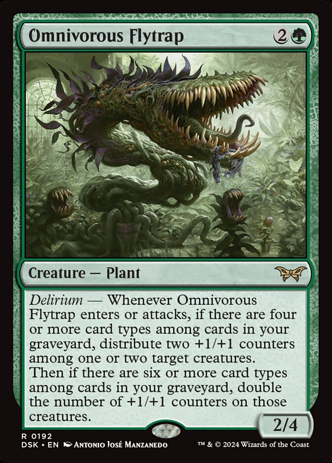 This Is An Image Of The Magic The Gathering Card Omnivorous Flytrap From The Set Duskmourn: House of Horror - Designed By Artist Antonio José Manzanedo