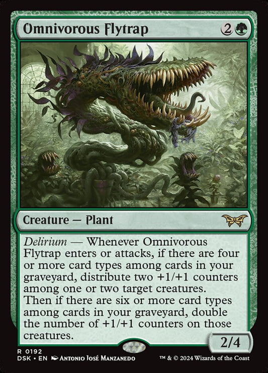 This Is An Image Of The Magic The Gathering Card Omnivorous Flytrap From The Set Duskmourn: House of Horror - Designed By Artist Antonio José Manzanedo