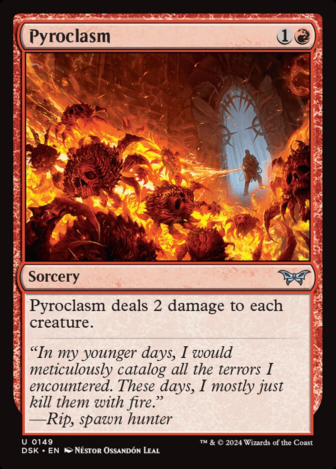 This Is An Image Of The Magic The Gathering Card Pyroclasm From The Set Duskmourn: House of Horror - Designed By Artist Néstor Ossandón Leal