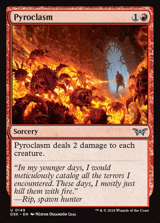 This Is An Image Of The Magic The Gathering Card Pyroclasm From The Set Duskmourn: House of Horror - Designed By Artist Néstor Ossandón Leal