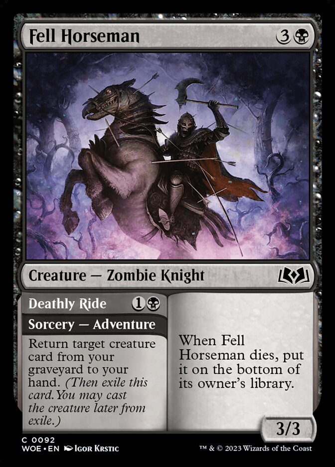 This Is An Image Of The Magic The Gathering Card Fell Horseman // Deathly Ride From The Set Wilds of Eldraine - Designed By Artist Igor Krstic