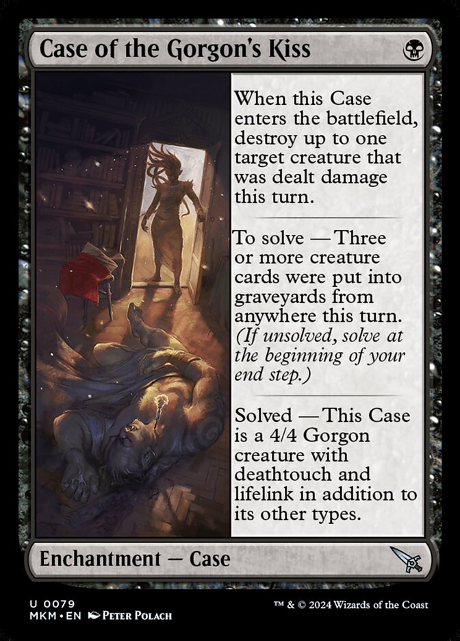 This Is An Image Of The Magic The Gathering Card Case of the Gorgon's Kiss From The Set Murders at Karlov Manor - Designed By Artist Peter Polach