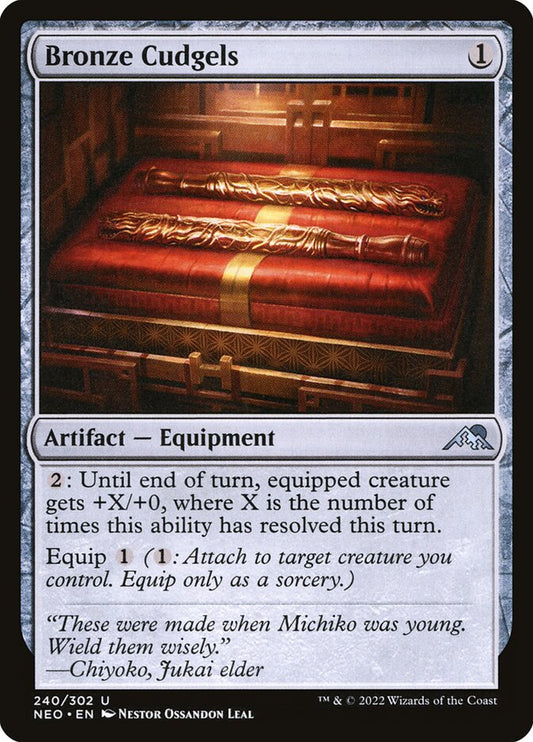 This Is An Image Of The Magic The Gathering Card Bronze Cudgels From The Set Kamigawa: Neon Dynasty - Designed By Artist Néstor Ossandón Leal