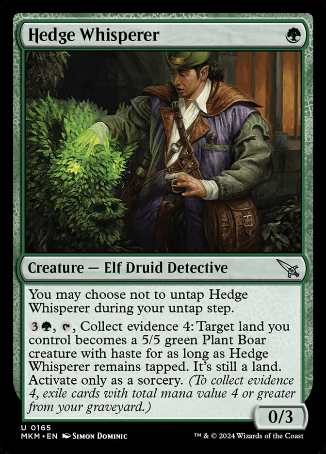 This Is An Image Of The Magic The Gathering Card Hedge Whisperer From The Set Murders at Karlov Manor - Designed By Artist Simon Dominic