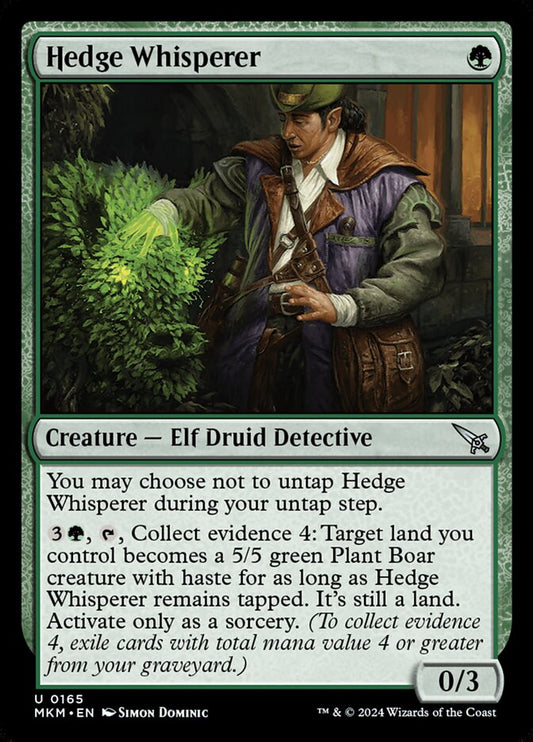 This Is An Image Of The Magic The Gathering Card Hedge Whisperer From The Set Murders at Karlov Manor - Designed By Artist Simon Dominic