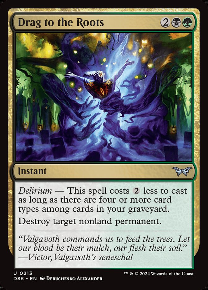 This Is An Image Of The Magic The Gathering Card Drag to the Roots From The Set Duskmourn: House of Horror - Designed By Artist Deruchenko Alexander