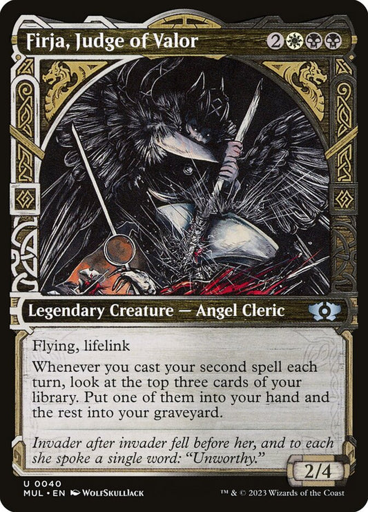 This Is An Image Of The Magic The Gathering Card Firja, Judge of Valor From The Set Kaldheim - Designed By Artist Livia Prima