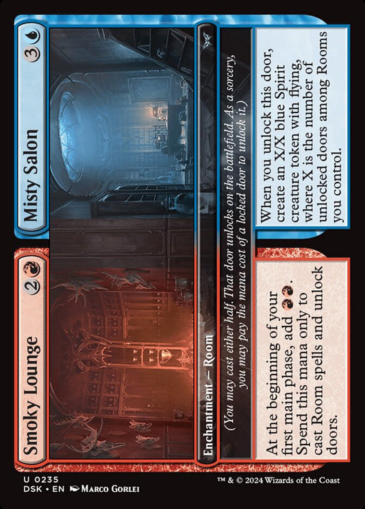 This Is An Image Of The Magic The Gathering Card Smoky Lounge // Misty Salon From The Set Duskmourn: House of Horror - Designed By Artist Marco Gorlei