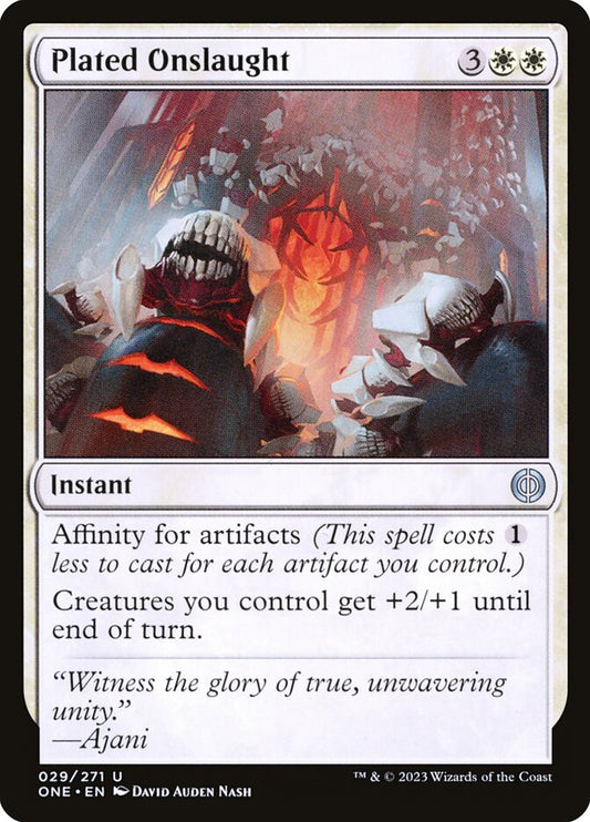 This Is An Image Of The Magic The Gathering Card Plated Onslaught From The Set Phyrexia: All Will Be One - Designed By Artist David Auden Nash