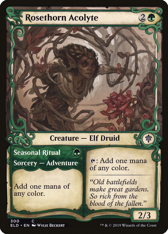 This Is An Image Of The Magic The Gathering Card Rosethorn Acolyte // Seasonal Ritual From The Set Throne of Eldraine - Designed By Artist Johannes Voss