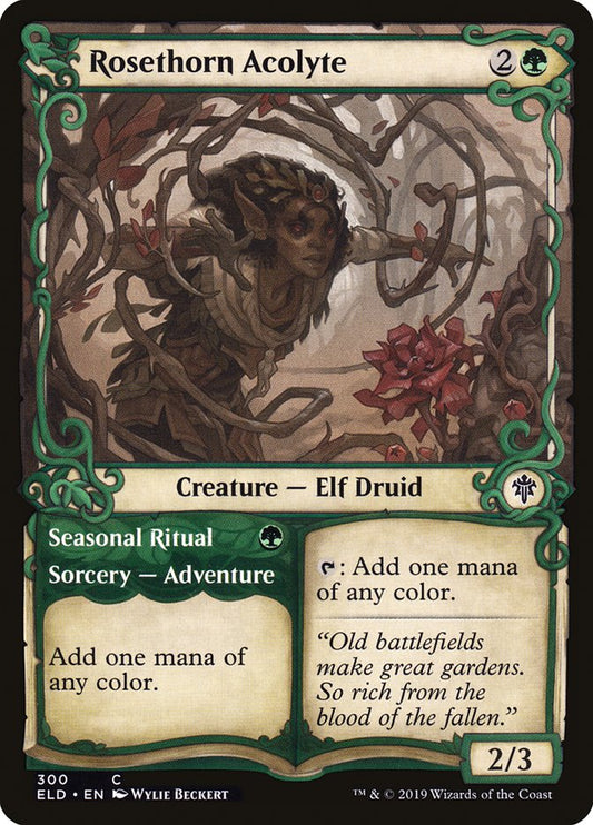 This Is An Image Of The Magic The Gathering Card Rosethorn Acolyte // Seasonal Ritual From The Set Throne of Eldraine - Designed By Artist Johannes Voss