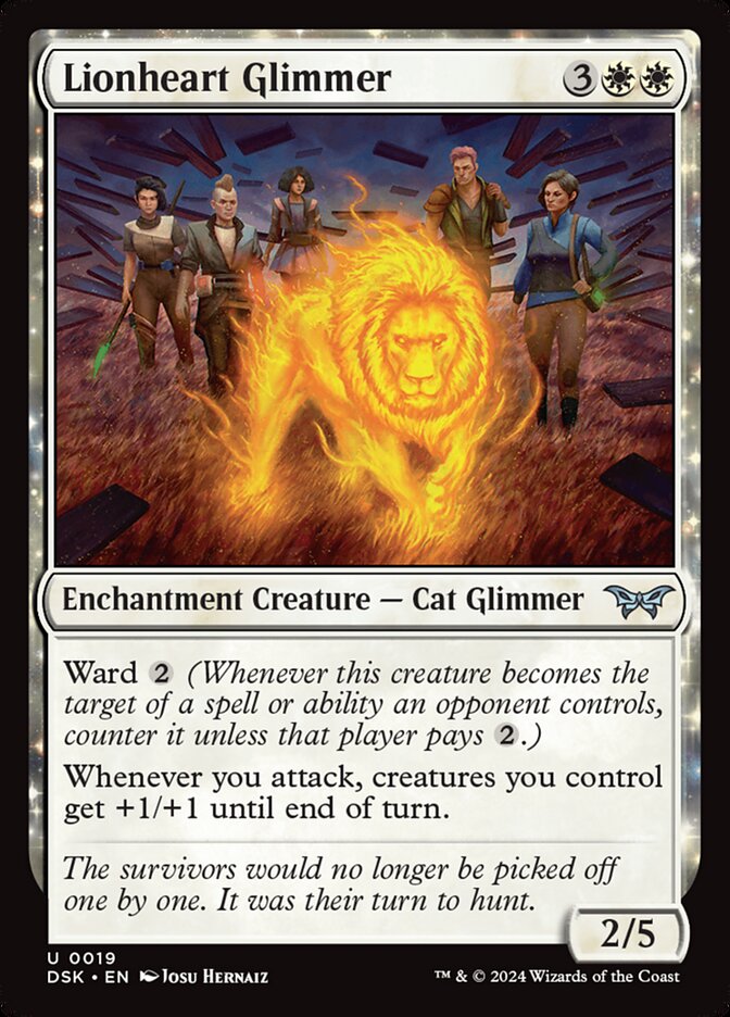 This Is An Image Of The Magic The Gathering Card Lionheart Glimmer From The Set Duskmourn: House of Horror - Designed By Artist Josu Hernaiz