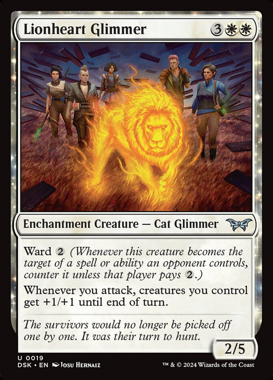 This Is An Image Of The Magic The Gathering Card Lionheart Glimmer From The Set Duskmourn: House of Horror - Designed By Artist Josu Hernaiz