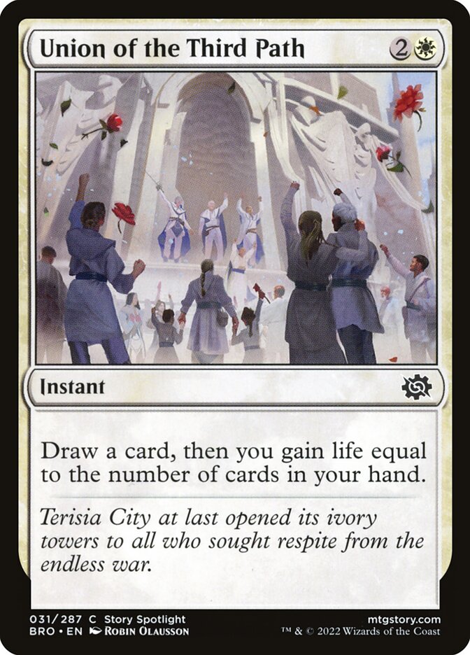 This Is An Image Of The Magic The Gathering Card Union of the Third Path From The Set The Brothers' War - Designed By Artist Robin Olausson