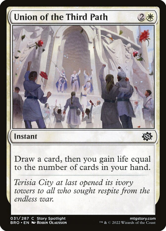 This Is An Image Of The Magic The Gathering Card Union of the Third Path From The Set The Brothers' War - Designed By Artist Robin Olausson