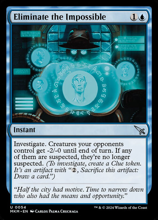 This Is An Image Of The Magic The Gathering Card Eliminate the Impossible From The Set Murders at Karlov Manor - Designed By Artist Carlos Palma Cruchaga
