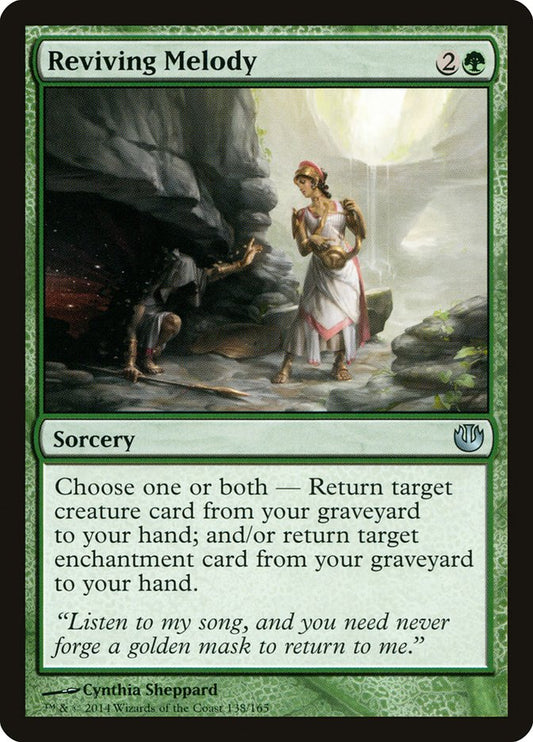 This Is An Image Of The Magic The Gathering Card Reviving Melody From The Set Journey into Nyx - Designed By Artist Cynthia Sheppard