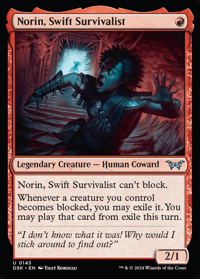 This Is An Image Of The Magic The Gathering Card Norin, Swift Survivalist From The Set Duskmourn: House of Horror - Designed By Artist Yigit Koroglu