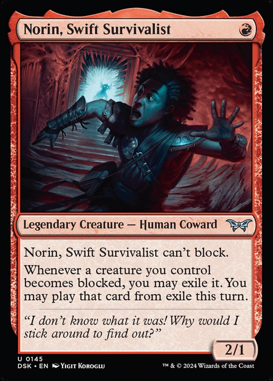 This Is An Image Of The Magic The Gathering Card Norin, Swift Survivalist From The Set Duskmourn: House of Horror - Designed By Artist Yigit Koroglu