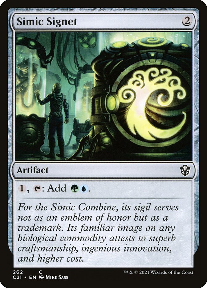 This Is An Image Of The Magic The Gathering Card Simic Signet From The Set Duskmourn: House of Horror Commander - Designed By Artist Mike Sass