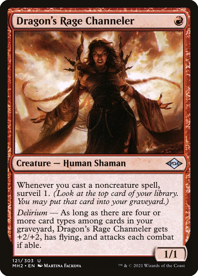 This Is An Image Of The Magic The Gathering Card Dragon's Rage Channeler From The Set Modern Horizons 2 - Designed By Artist Martina Fačková