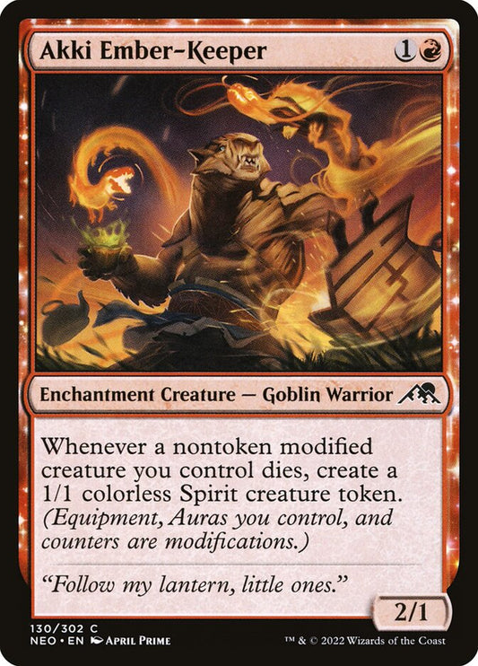 This Is An Image Of The Magic The Gathering Card Akki Ember-Keeper From The Set Kamigawa: Neon Dynasty - Designed By Artist April Prime
